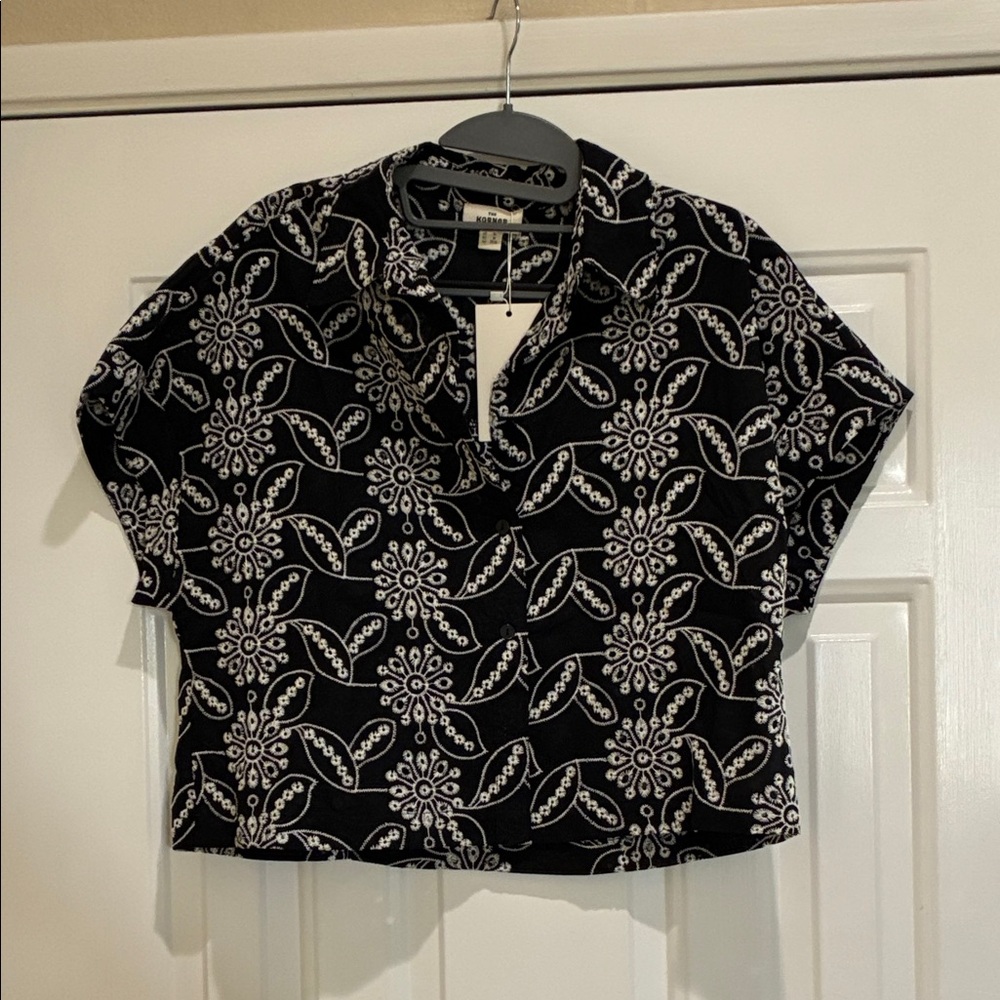 The Korner Black and White embroidered button down shirt